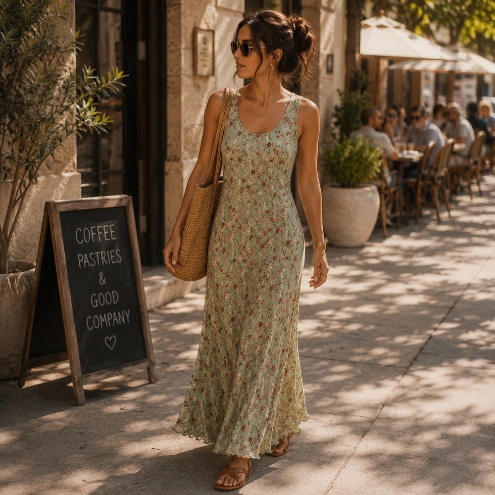 VTG 90s April Cornell Green Floral Rayon Maxi Dress Sleeveless Round Neck L
